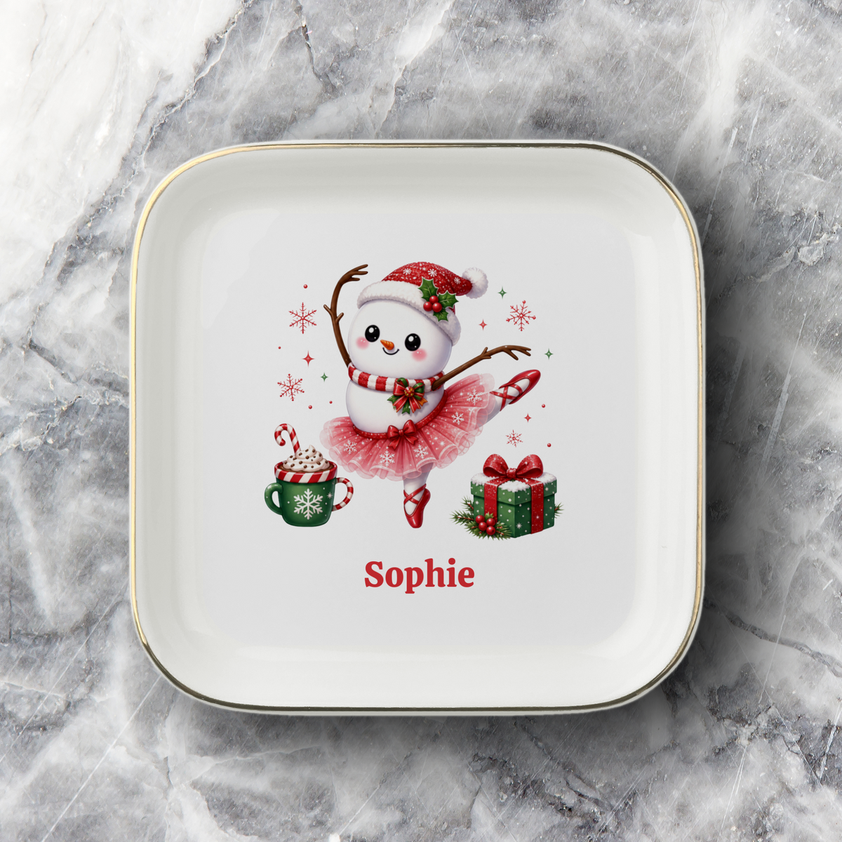Snowman Ballerina Trinket Tray, Personalized Ballerina Christmas Jewelry Dish, Ballet Student Recital Present, Dance Teacher Gift