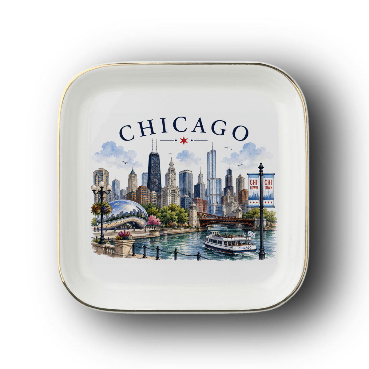 Chicago Skyline Jewelry Dish, Chicago Keepsake Tray, City Souvenir, Chicago River Scene, Gold Trim Ceramic Catchall Dish, Travel Gift