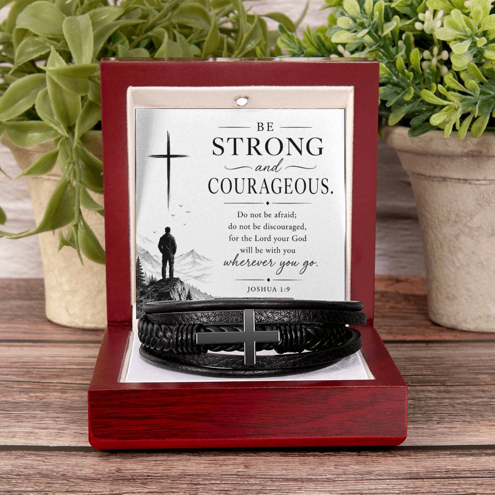 Men's Cross Leather Bracelet, Christian Gift for Him, Joshua 1:9 Courage Bracelet, Faith Gift for Husband, Boyfriend, Dad or Friend