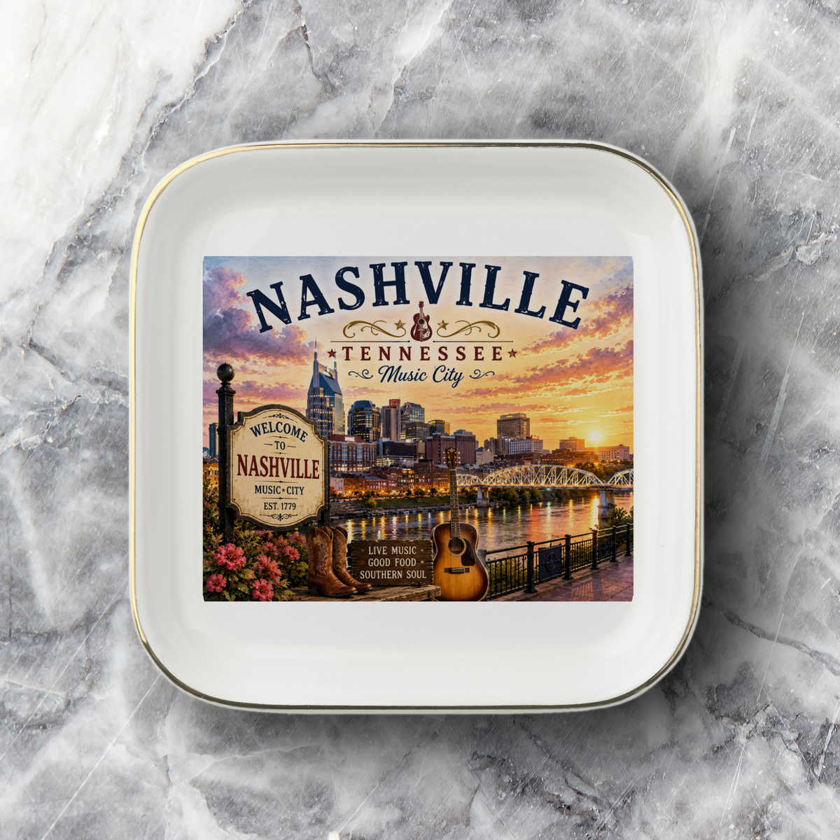 Nashville Tennessee Jewelry Dish, Music City Souvenir, Nashville Skyline Gift, Country Music Decor, Gold-Trimmed Ceramic Tray Gift