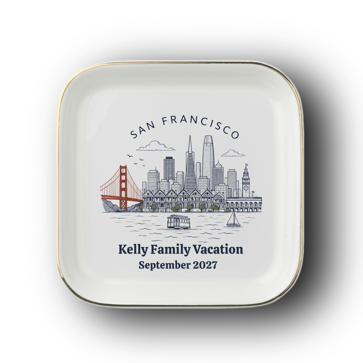 Personalizled San Francisco Souvenir Jewelry Dish, Golden Gate Bridge Trinket Tray, Golden Gate Bridge Keepsake Gift, Gold-Trimmed Ceramic Dish