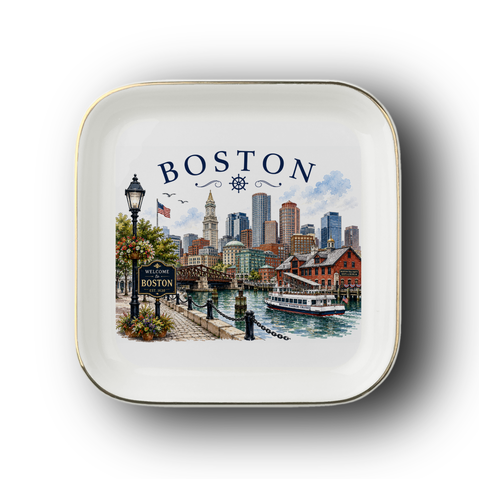 Boston Souvenir Jewelry Dish, Boston Harbor Trinket Tray, Massachusetts Travel Keepsake, Gold Trim Ceramic Catchall Gift for Boston Lovers