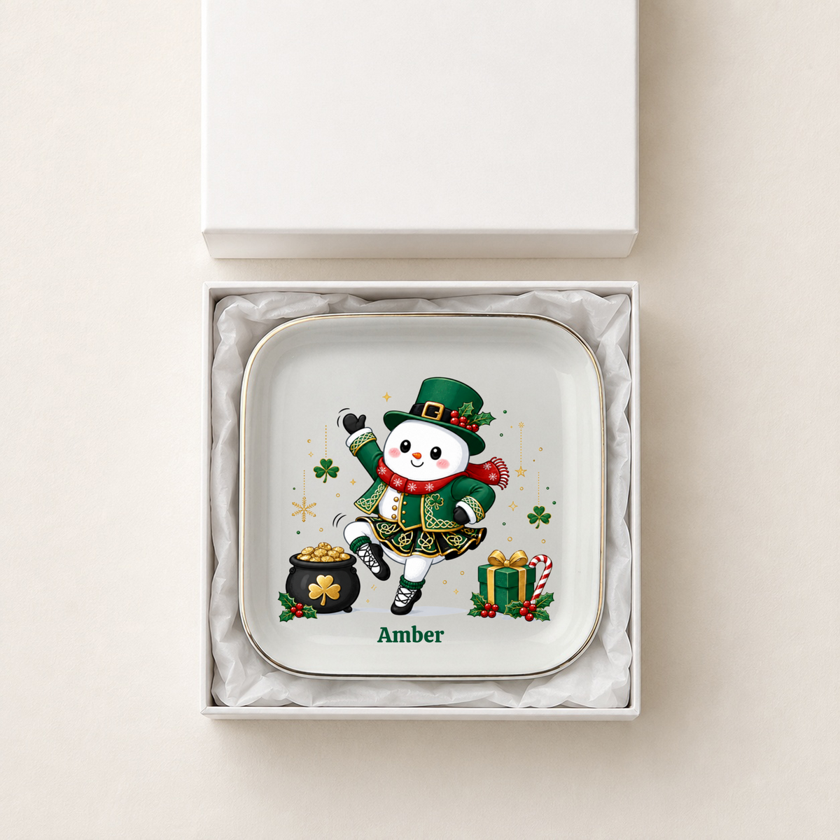 Personalized Christmas Jewelry Dish, Cute Snowman Trinket Tray, Holiday Ring Dish, Irish Dancer Gift
