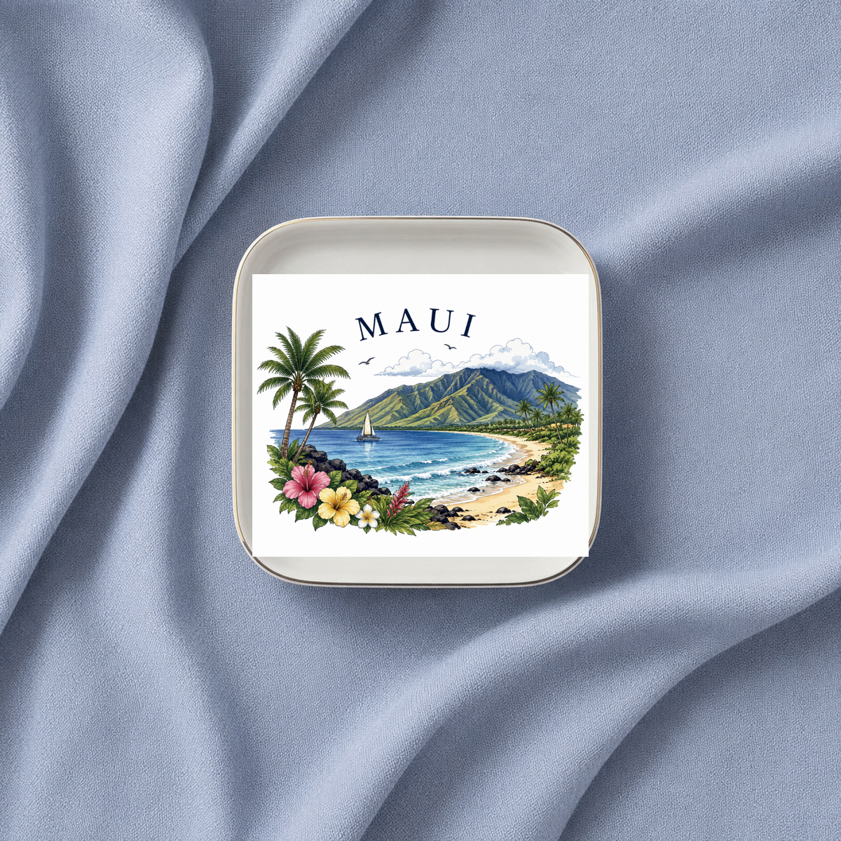 Maui Jewelry Dish, Hawaiian Island Trinket Tray, Sourvenir Ring Holder, Travel Gift, Gold Trim Ceramic Catchall