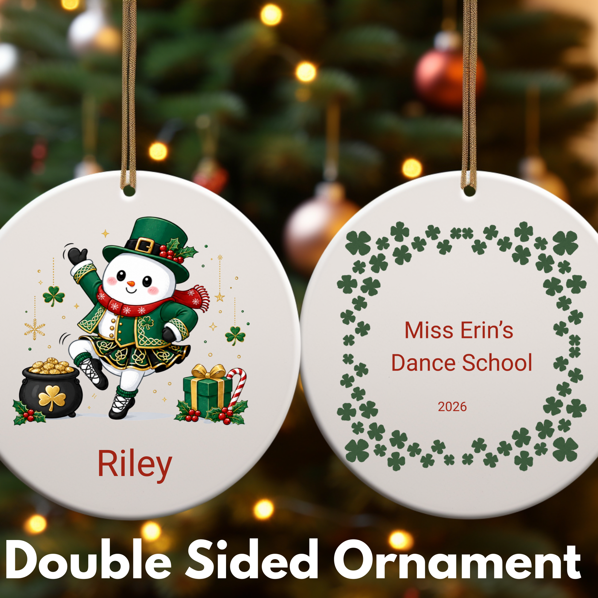Personalized Irish Dancer Snowman Ornament,  Custom Irish Dance Christmas Ornament, Celtic Dance School Gift, Dance Recital Keepsake