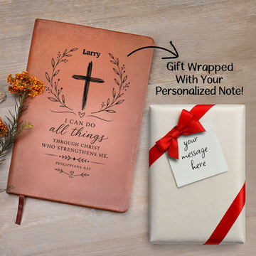 Personalized Inspirational Vegan Leather Journal, Philippians 4:13 Gift, Christian Faith Notebook, Religious Gift for Him Her, Gift Wrap Optional