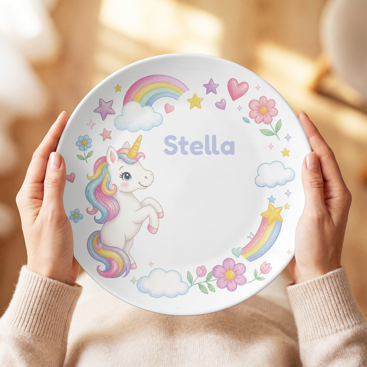 Unicorn Plate, Personalized Rainbow Unicorn Decor, Magical Name Plate, Durable Kids Room Gift, UNBREAKABLE – Not Ceramic