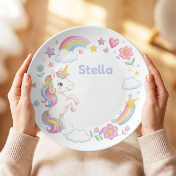Unicorn Plate, Personalized Rainbow Unicorn Decor, Magical Name Plate, Durable Kids Room Gift, UNBREAKABLE – Not Ceramic