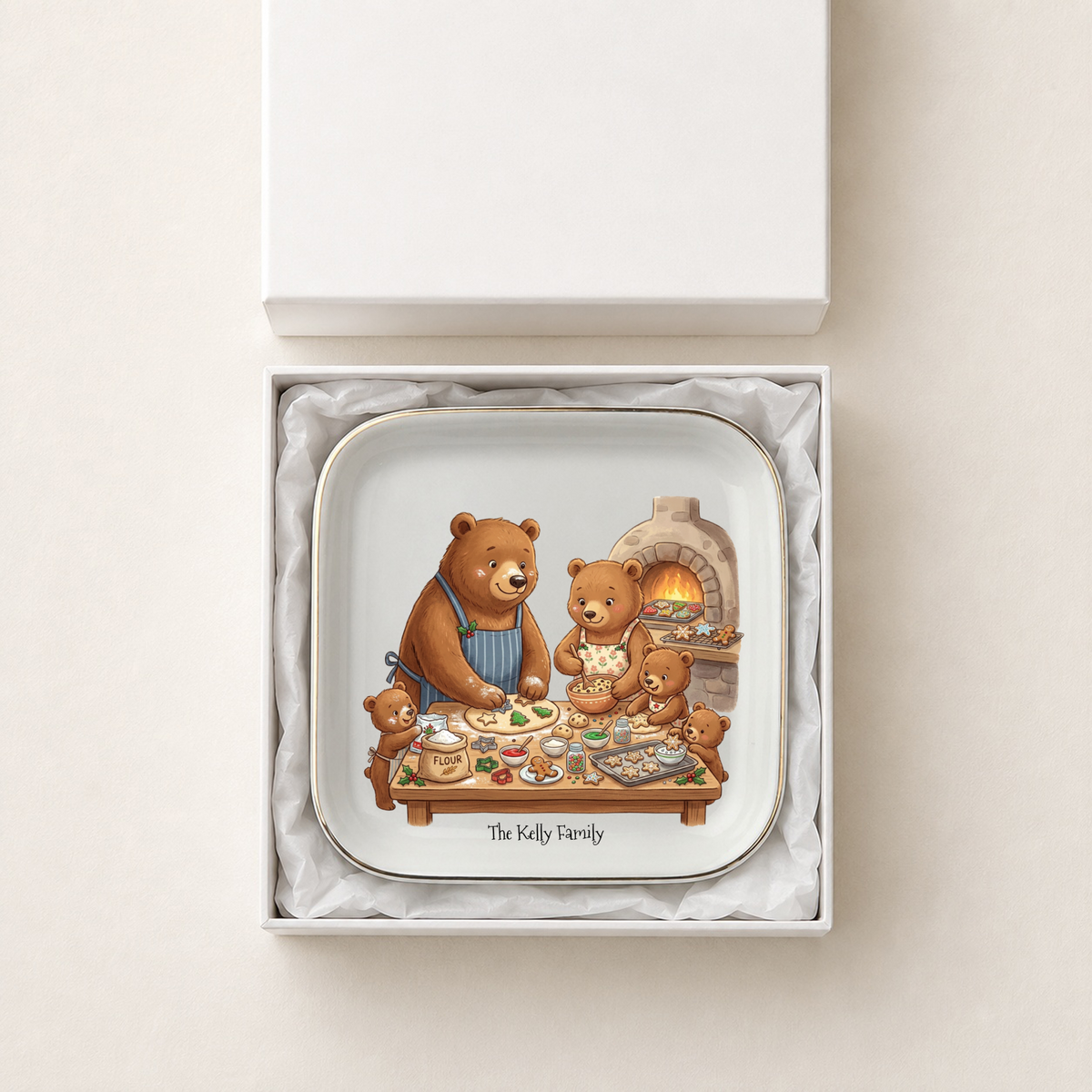 Personalized Bear Family Jewelry Dish, Christmas Cookies Trinket Tray, Ceramic Ring Holder, Kitchen Ring Holder