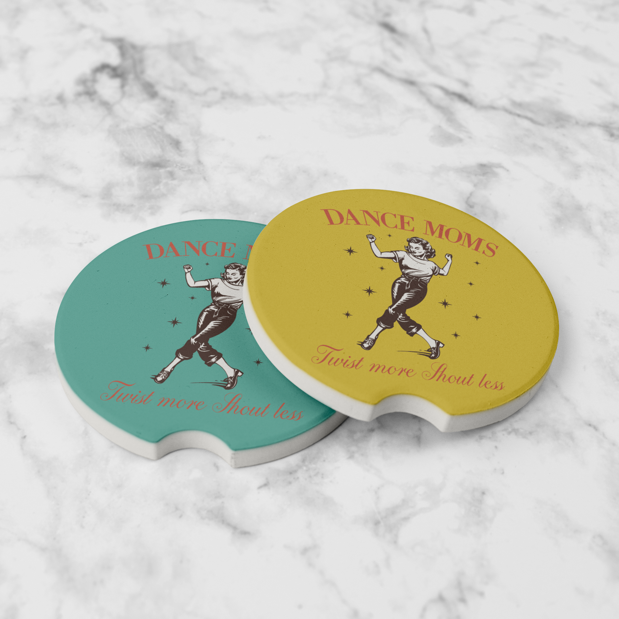 Dance Moms Car Coasters – Set of 2 Absorbent Ceramic Cup Holder Inserts, Retro Twist Design, Gift for Fun Dance Moms