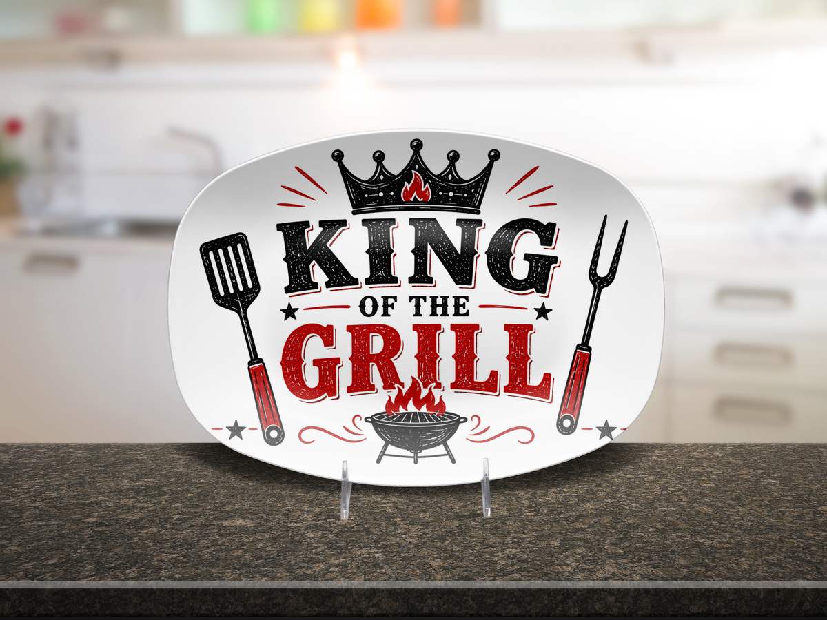 King of the Grill Platter Father's Day Gift, Barbecue Serving Dish, Grill Master Present, Backyard BBQ Decor, Oval Grilling Tray for Cookouts and Entertaining