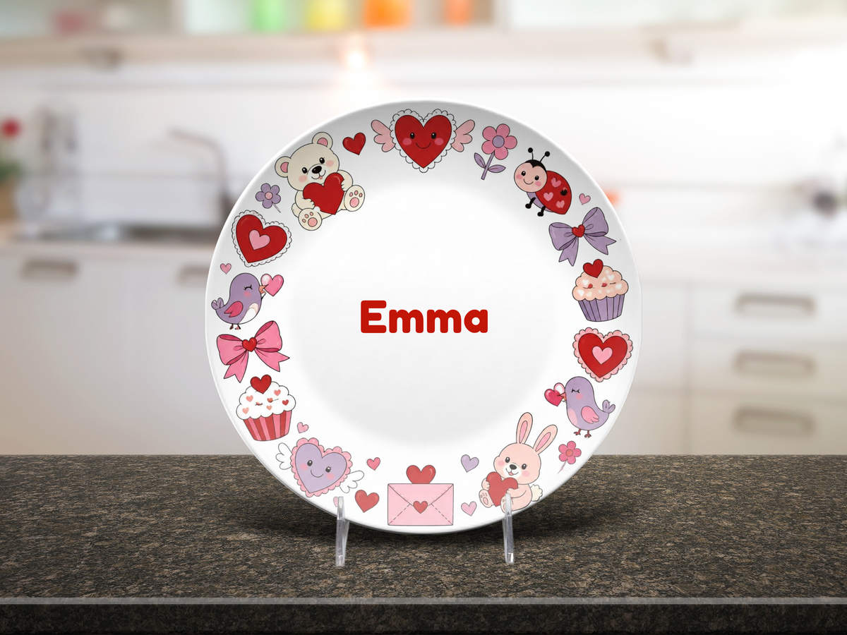 Personalized Valentine Plate, Heart Love Design, UNBREAKABLE – Not Ceramic, 10 Inch Plate, Gift for Valentine’s Day, Kids Custom Plate