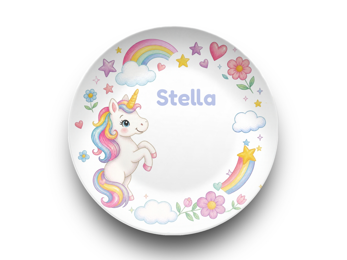 Unicorn Plate, Personalized Rainbow Unicorn Decor, Magical Name Plate, Durable Kids Room Gift, UNBREAKABLE – Not Ceramic
