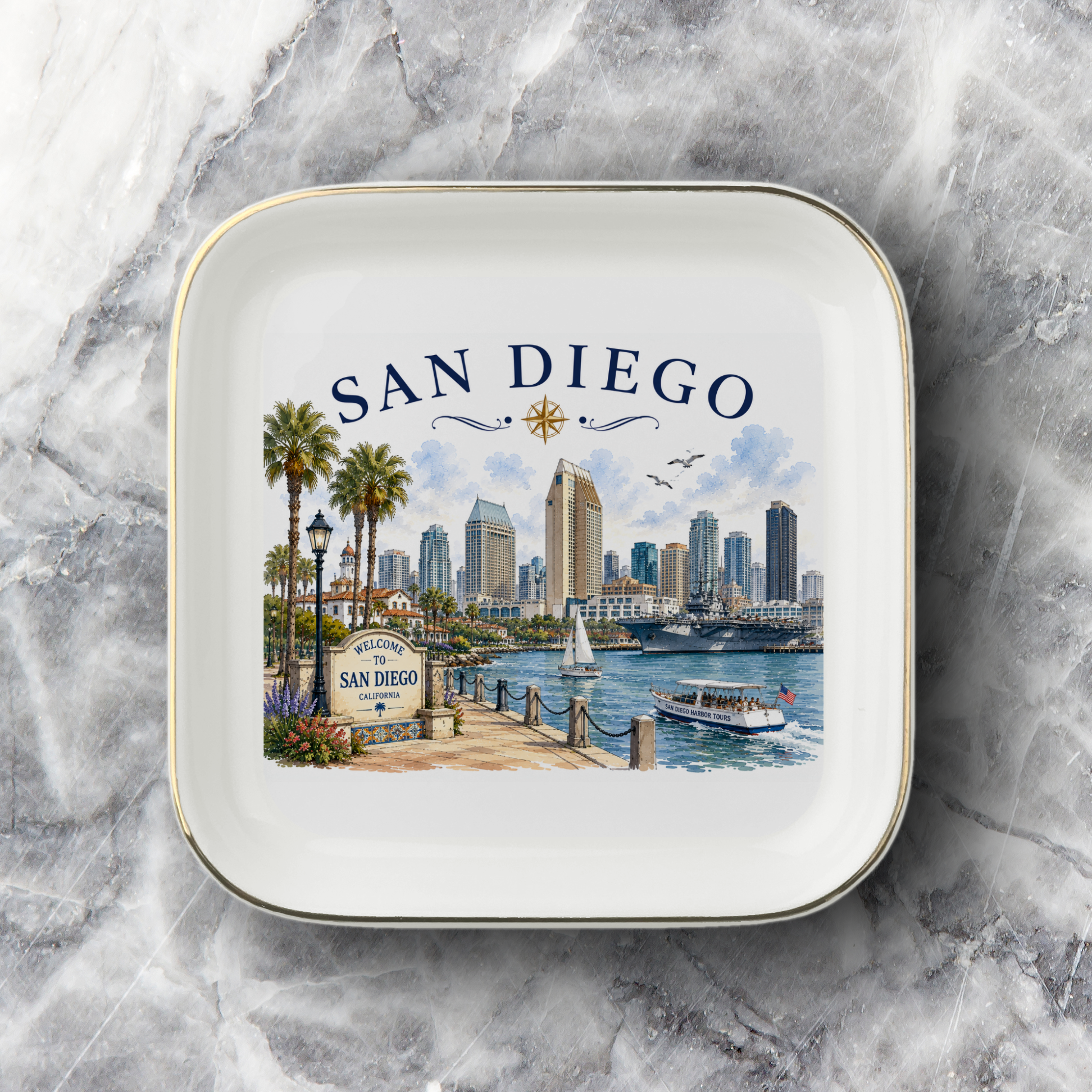 San Diego Jewelry Dish, California Travel Keepsake, Harbor Skyline Trinket Tray, Coastal Souvenir Gift, Gold Trim Ceramic Dish, City Decor
