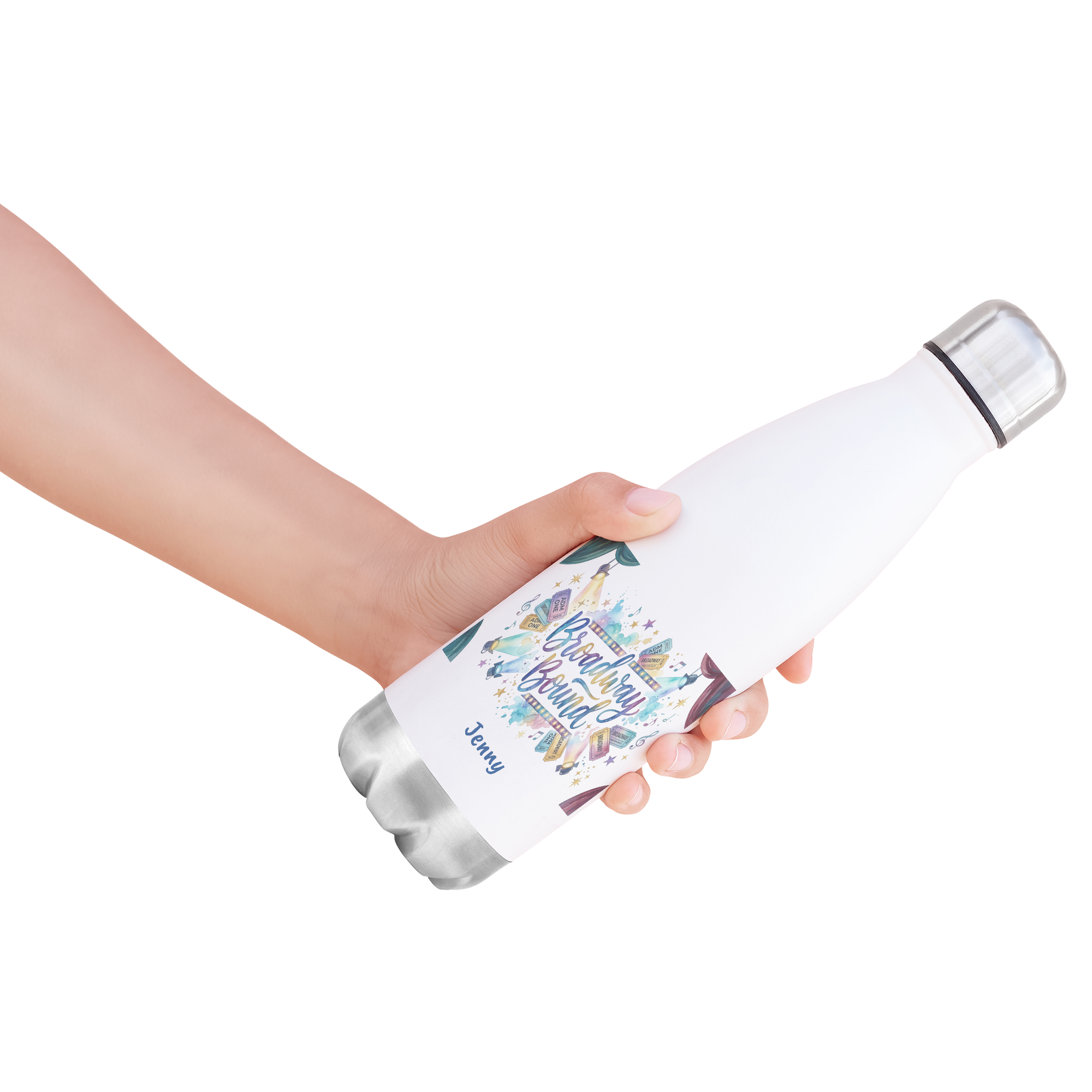 Broadway Bound Water Bottle, Musical Theatre Lover Gift,  20oz Insulated Bottle, Stainless Steel Tumbler, Personalized Gift,