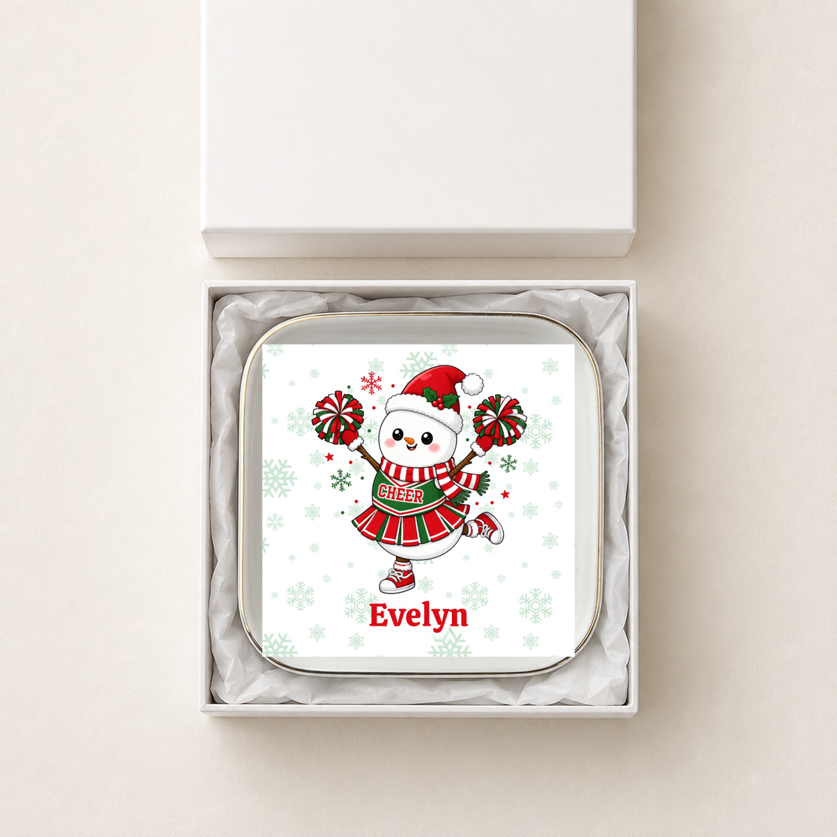 Personalized Cheerleader Snowman Trinket Tray, Christmas Jewelry Dish, Cheer Team Gift for Her, Ceramic Ring Holder