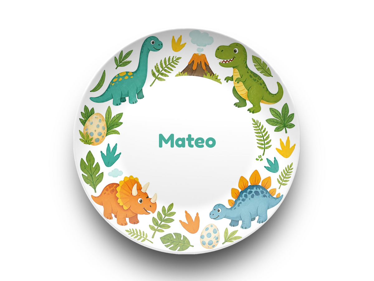 Dinosaur Plate, Personalized Kids Birthday Gift, Prehistoric Dino Nursery Decor, Plate With Stand Option, UNBREAKABLE – Not Ceramic