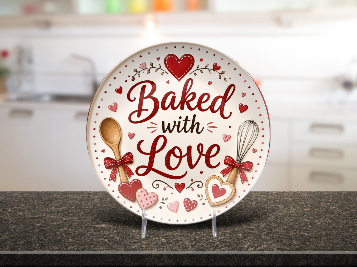 Baked with Love Plate, Valentine Kitchen Decor, Heart Baking Gift, Decorative Baker Plate, Romantic Dessert Serving Plate