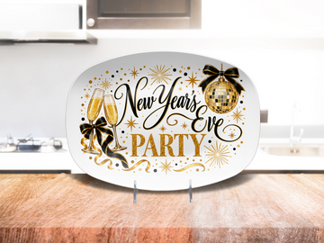 New Year's Eve Party Serving Platter, Black and Gold Champagne Celebration Decor, Oval Holiday Entertaining Dish, Microwave Safe, 10 x 14