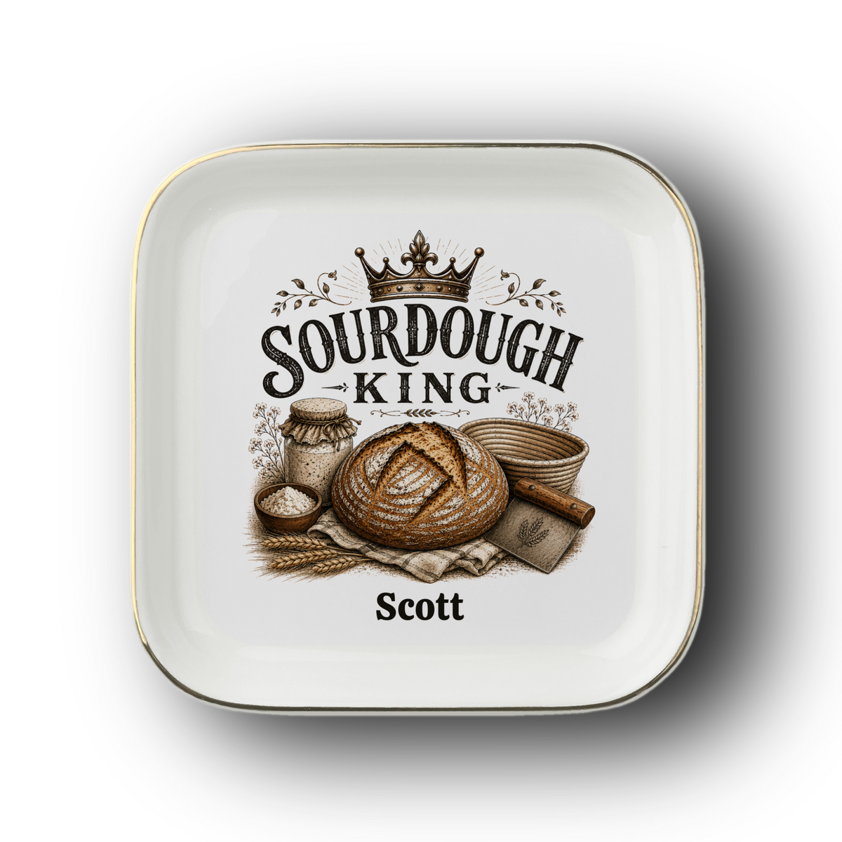 Personalized Sourdough King Jewelry Dish, Custom Baker Gift, Bread Lover Keepsake Ring Tray, Ceramic Trinket Dish for the Kitchen