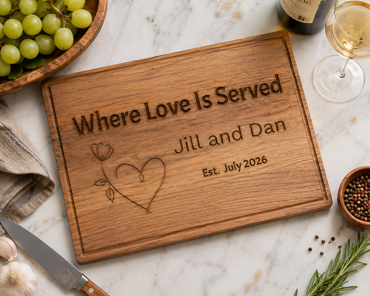 Personalized Engraved Cutting Board, "Where Love Is Served" Heart Design, Wedding Gift