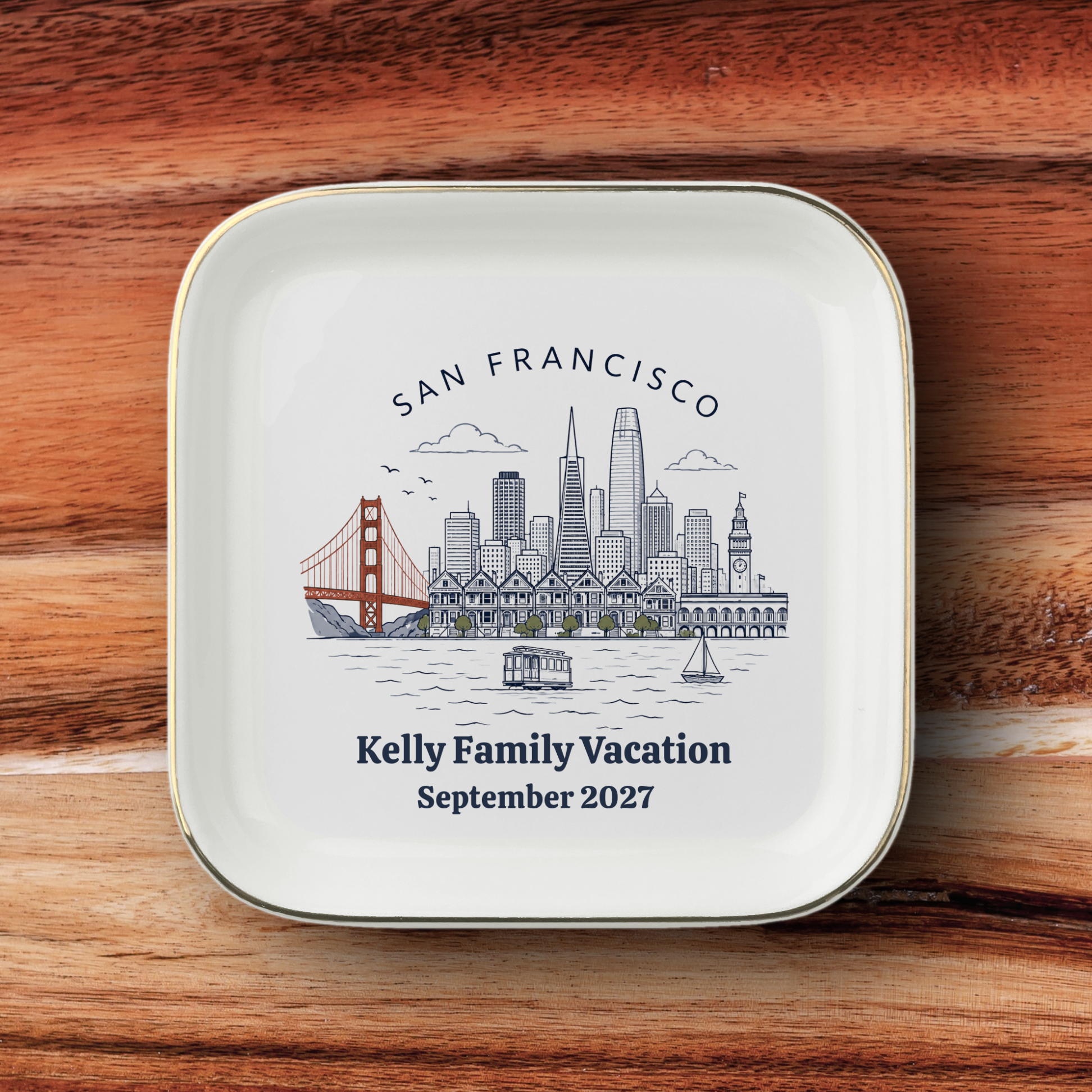 Personalizled San Francisco Souvenir Jewelry Dish, Golden Gate Bridge Trinket Tray, Golden Gate Bridge Keepsake Gift, Gold-Trimmed Ceramic Dish