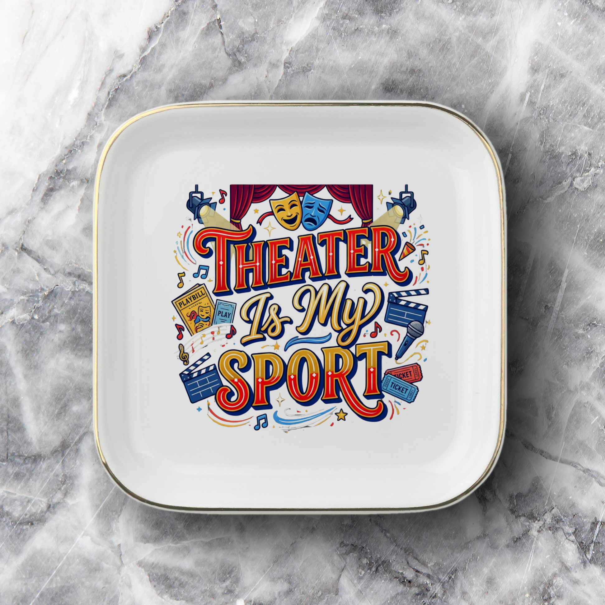 Theater Is My Sport Jewelry Dish, Theater Lover Gift, Drama Club Keepsake, Acting Gift, Stage Performer Ring Tray, Gold Trim Ceramic Dish