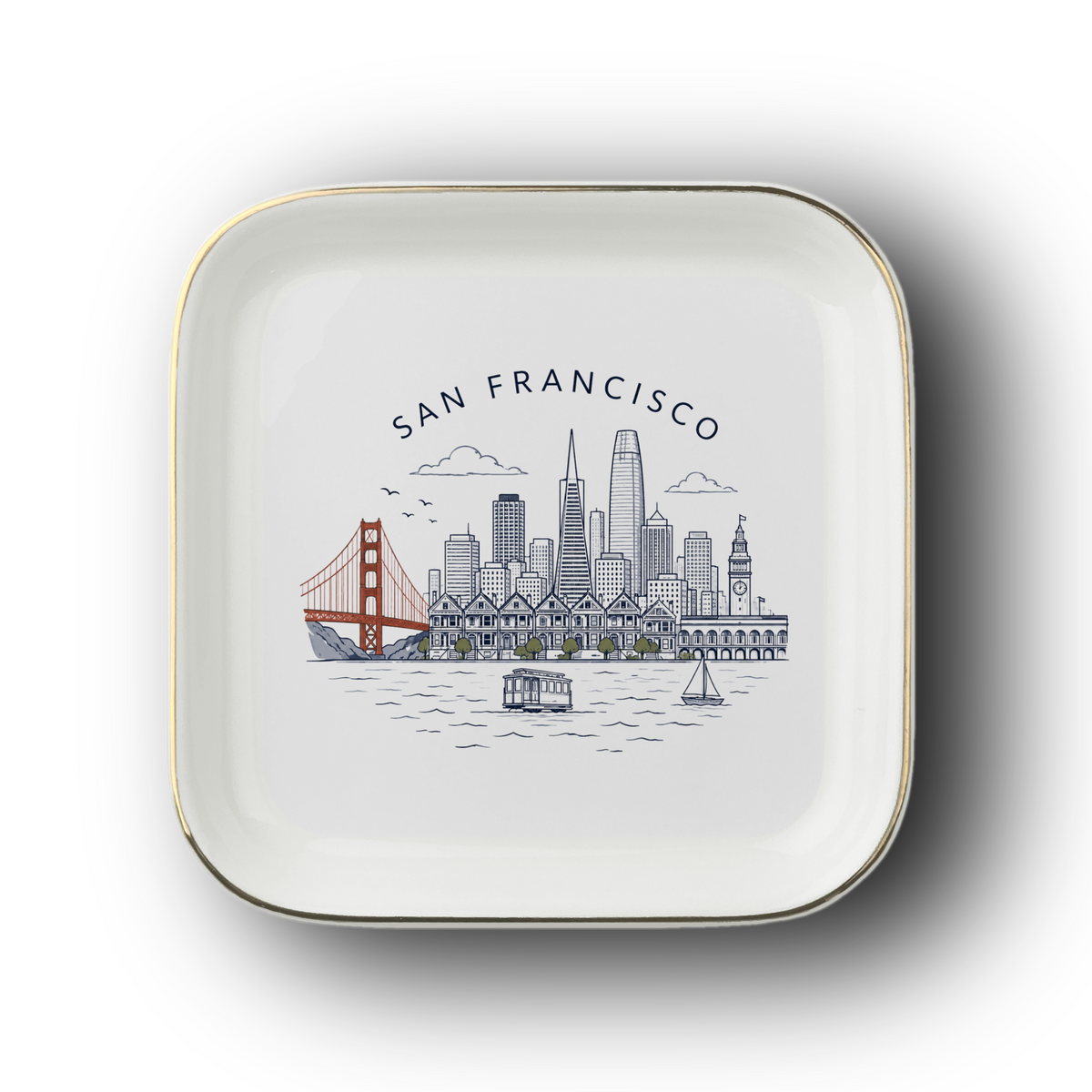 San Francisco Souvenir Jewelry Dish, Golden Gate Bridge Trinket Tray, Golden Gate Bridge Keepsake Gift, Gold-Trimmed Ceramic Dish