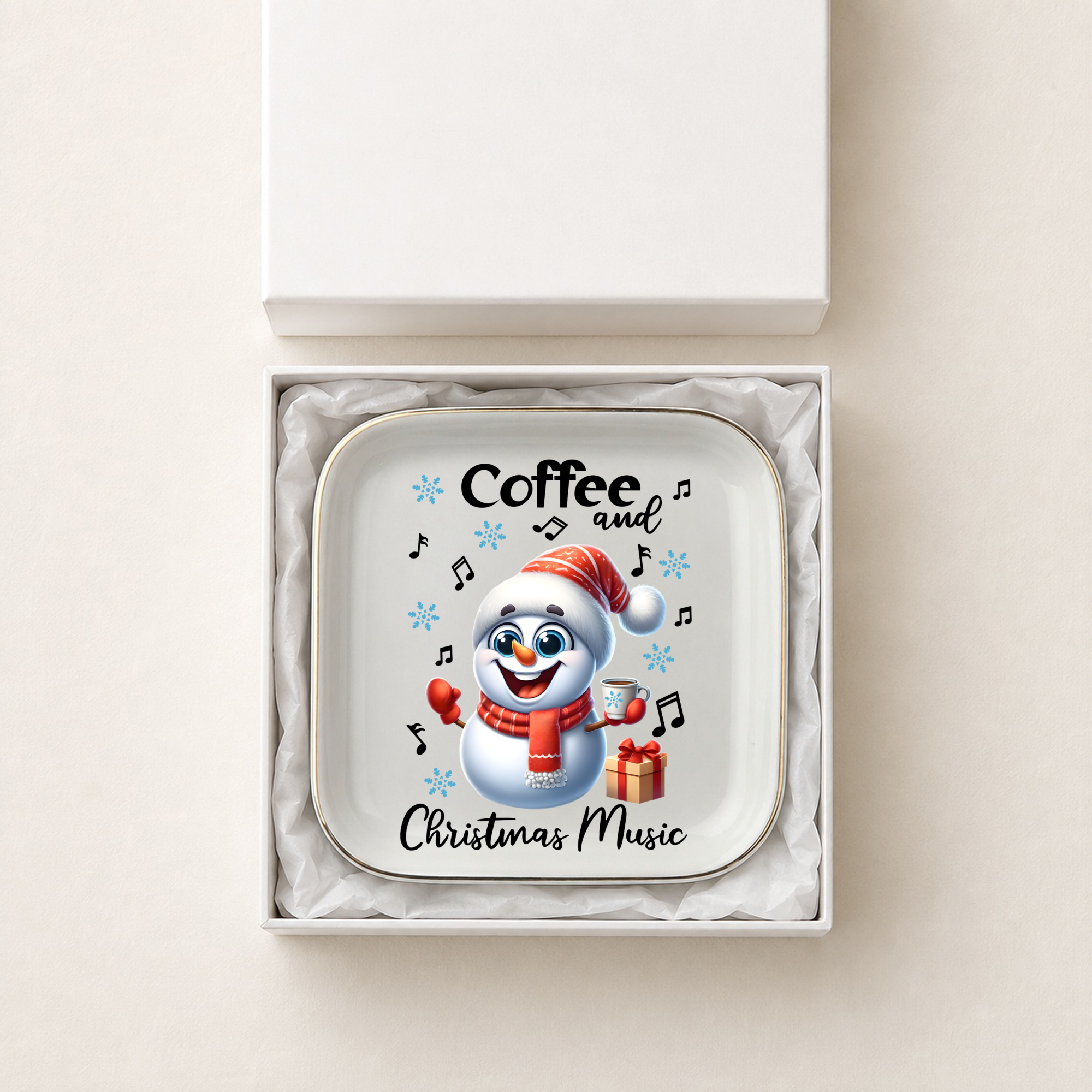 Christmas Music Snowman Jewelry Dish, Coffee and Holiday Music Ring Holder, Festive Winter Jewelry Tray, Christmas Gift Idea for Music Lover