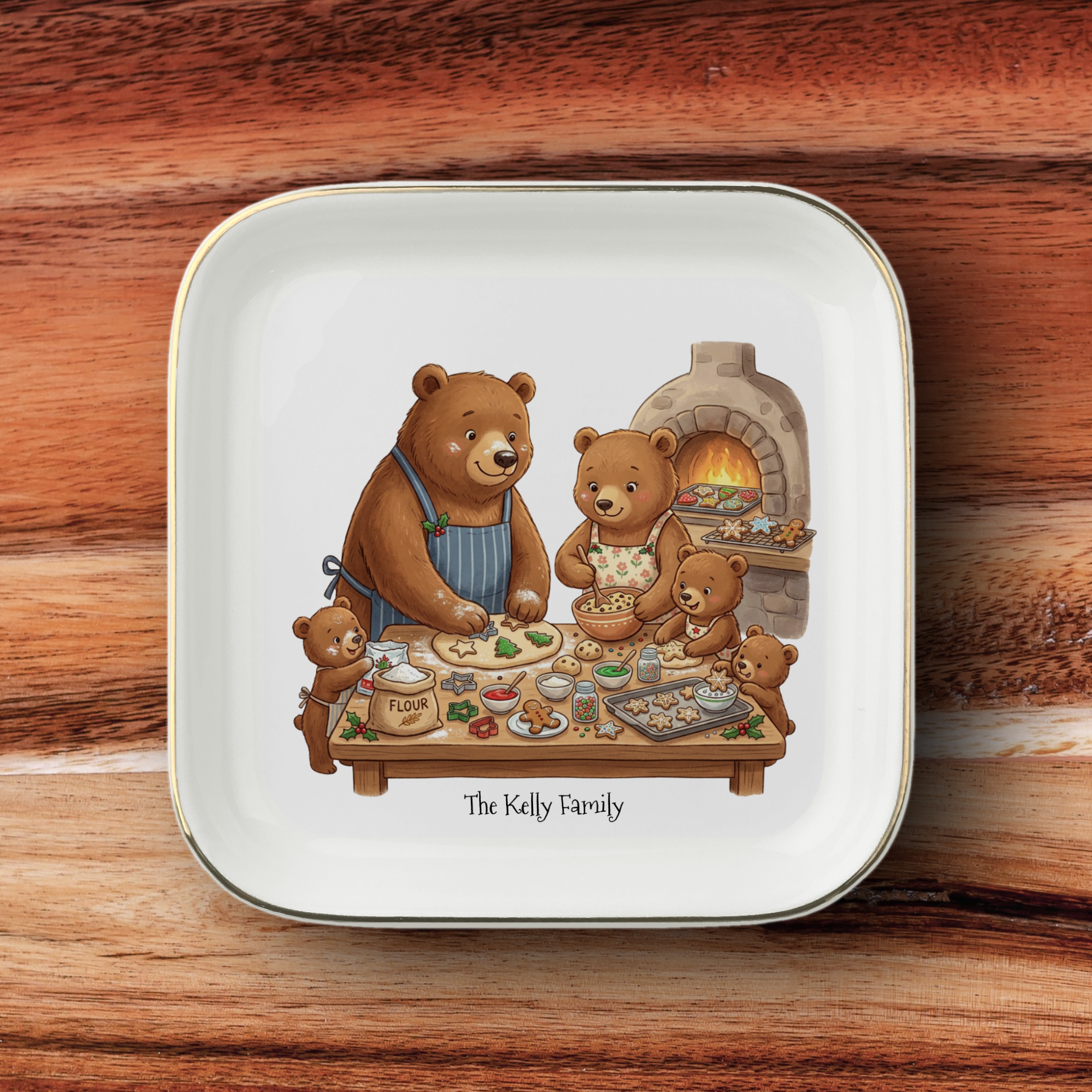 Personalized Bear Family Jewelry Dish, Christmas Cookies Trinket Tray, Ceramic Ring Holder, Kitchen Ring Holder