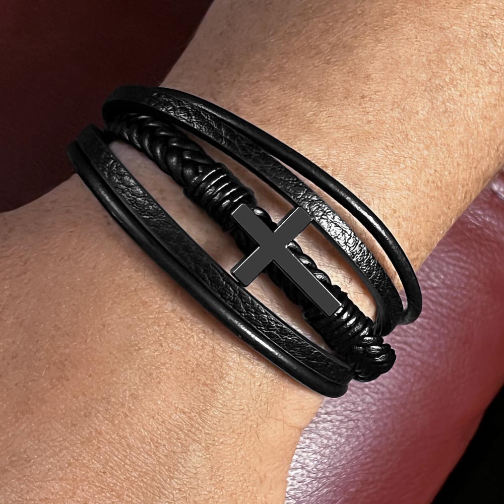 Men's Cross Leather Bracelet, Christian Gift for Him, Joshua 1:9 Courage Bracelet, Faith Gift for Husband, Boyfriend, Dad or Friend