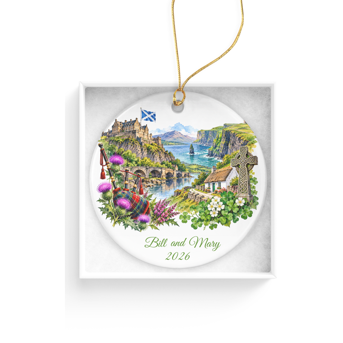 Personalized Scotland and Ireland Christmas Ornament, Honeymoon Travel Memory Keepsake, Scottish Irish Heritage Gift, Custom Names and Year