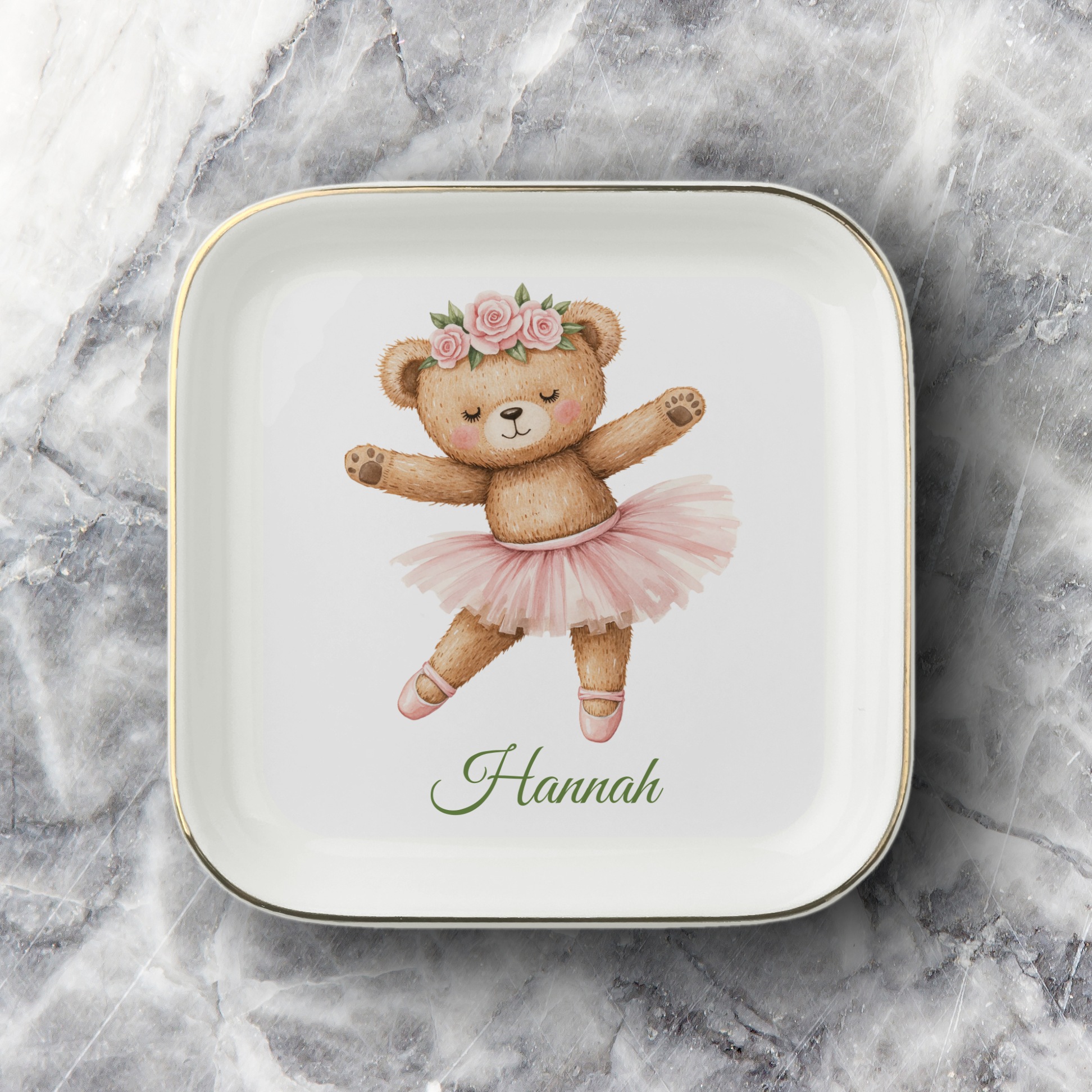 Personalized Ballerina Bear Jewelry Dish, Floral Teddy Bear Trinket Tray, Custom Name Keepsake Gift for Girl, Nursery Decor Accessory