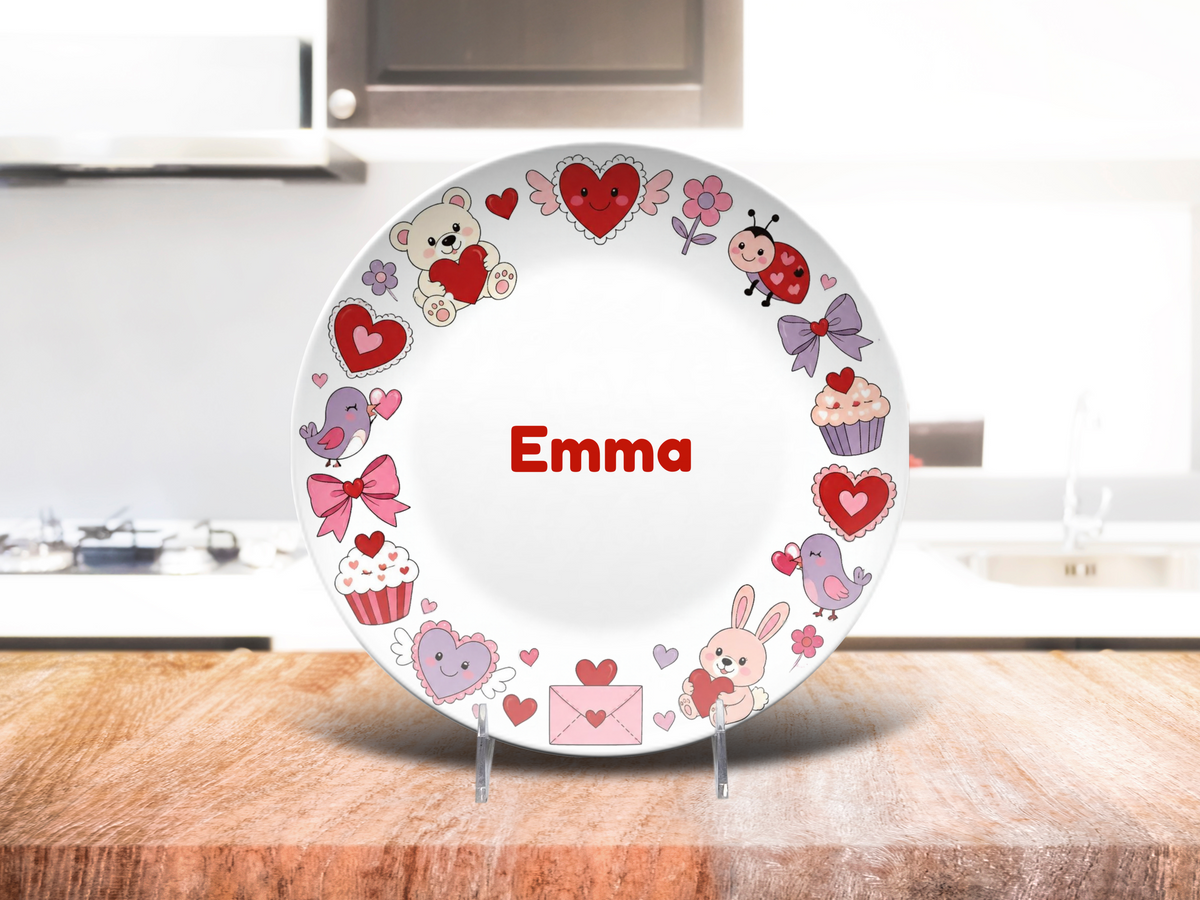 Personalized Valentine Plate, Heart Love Design, UNBREAKABLE – Not Ceramic, 10 Inch Plate, Gift for Valentine’s Day, Kids Custom Plate