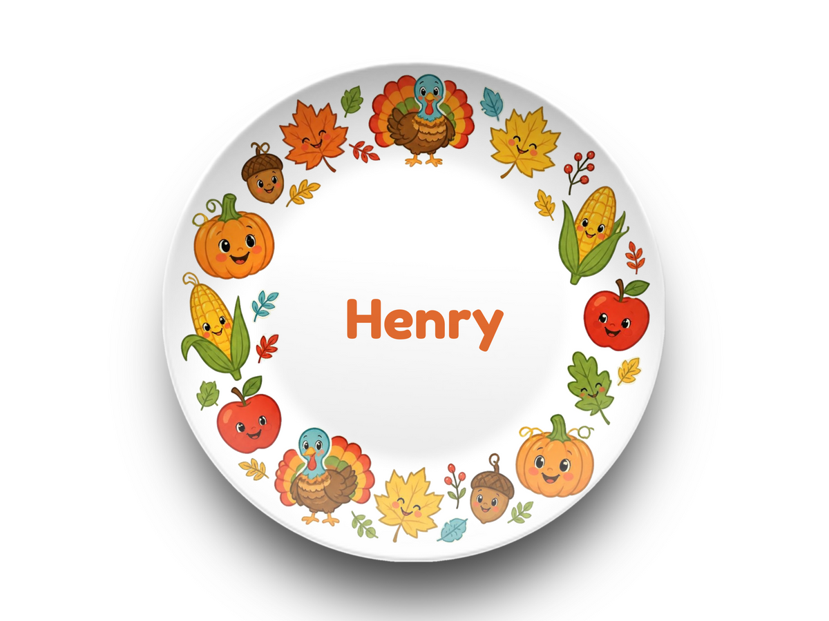 Personalized Thanksgiving Plate for Kids, Custom Name Fall Dinner Plate, Cute Turkey Pumpkin Autumn Plate, Thanksgiving Gift for Children