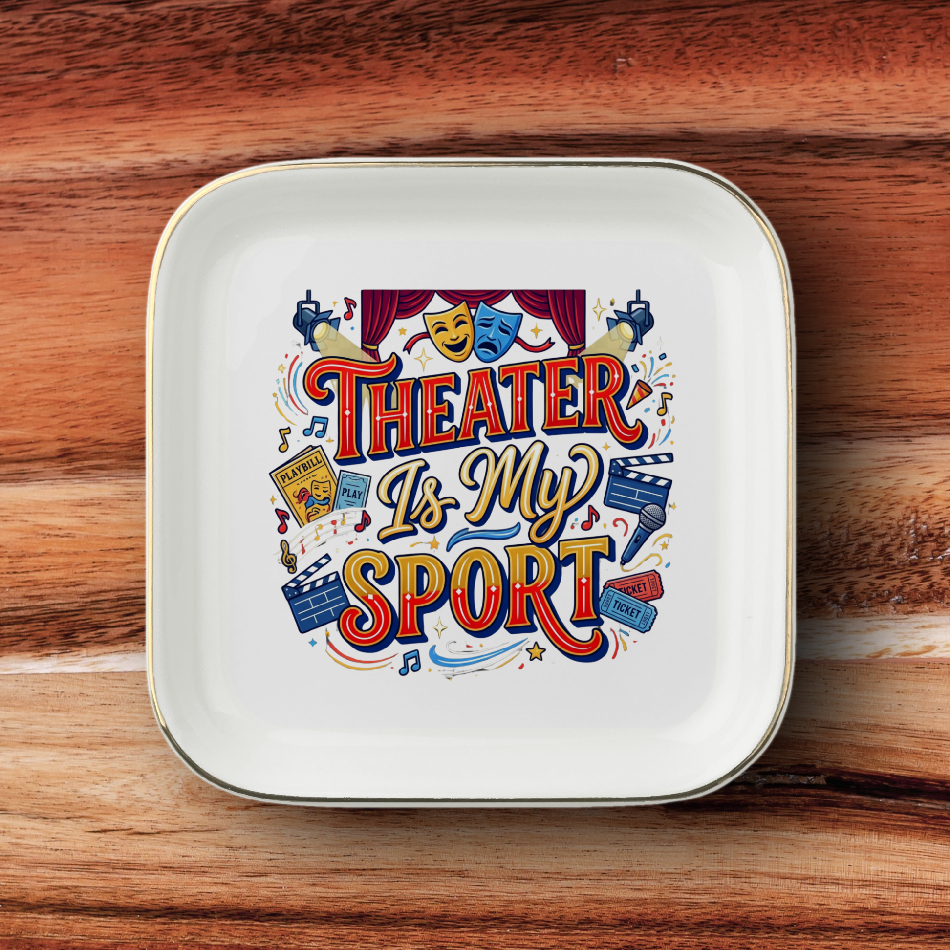 Theater Is My Sport Jewelry Dish, Theater Lover Gift, Drama Club Keepsake, Acting Gift, Stage Performer Ring Tray, Gold Trim Ceramic Dish