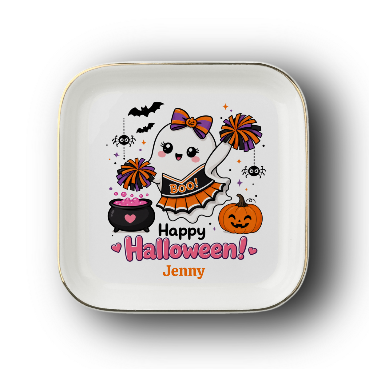 Halloween Gift for Cheerleaders, Personalized Halloween Jewelry Dish, Cute Ghost Trinket Tray, Ring Holder