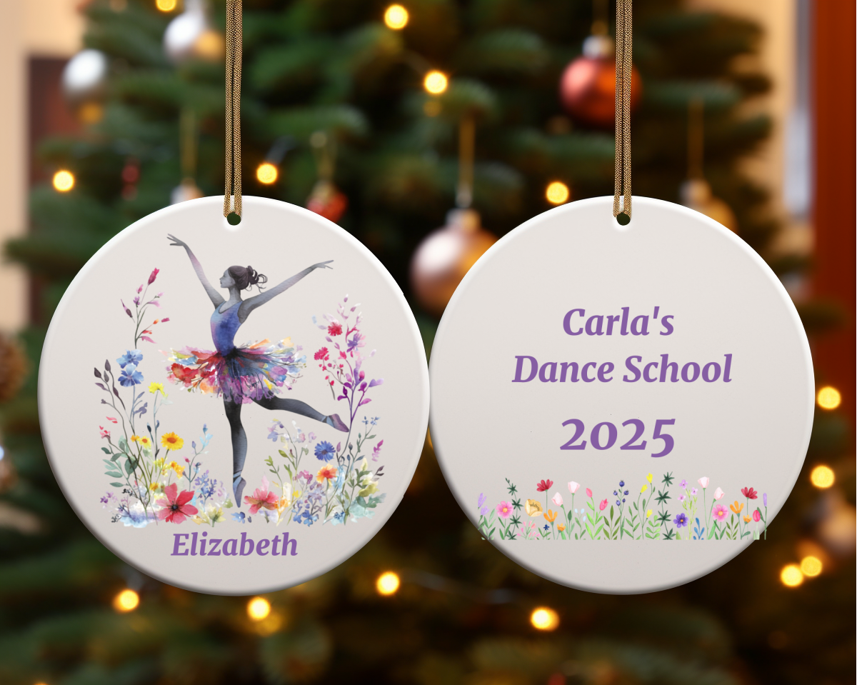 Personalized Ballet Dancer Ornament – 2-Sided Round Ceramic Keepsake with Name, School & Year – Ballerina in Field of Flowers Gift