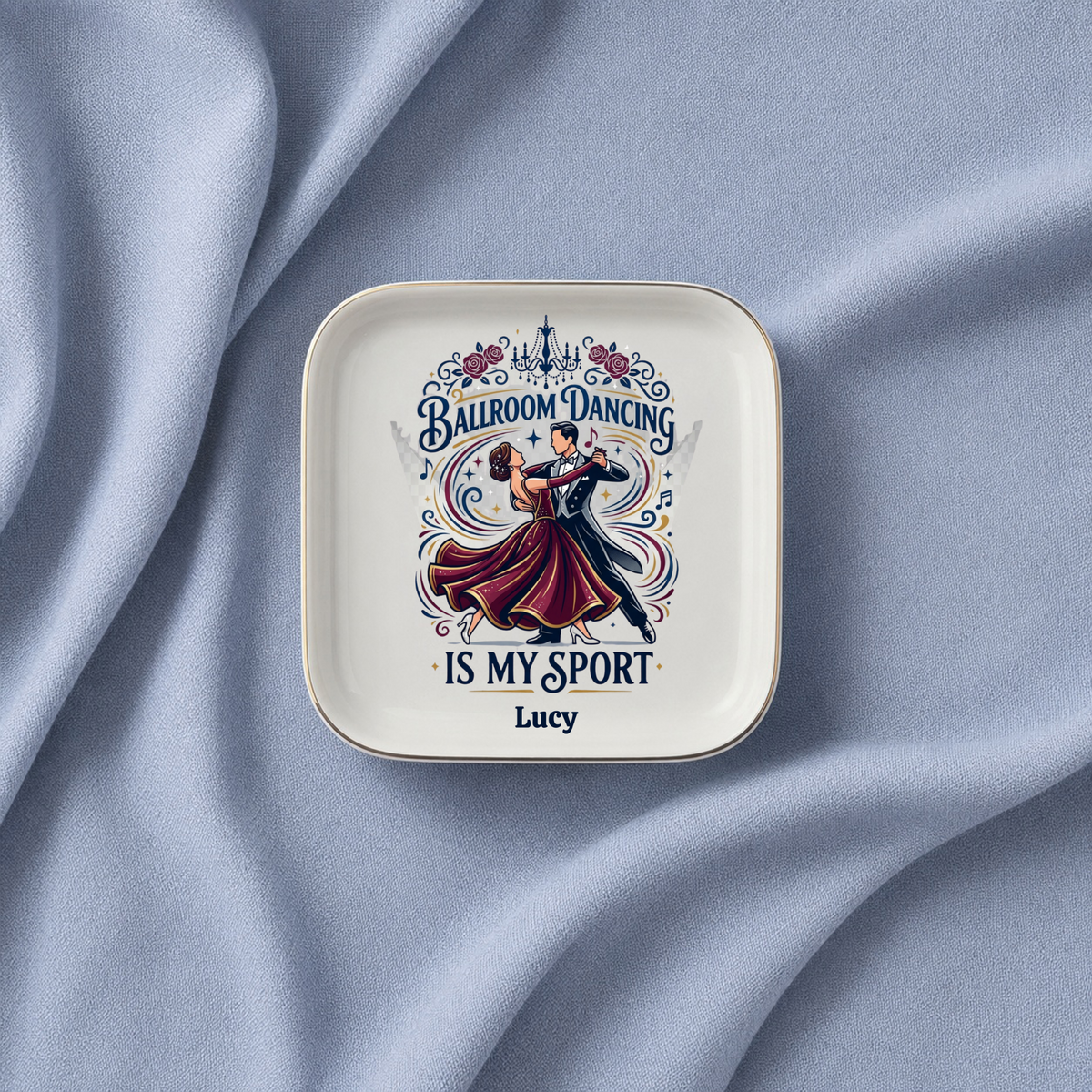 Personalized Ballroom Dancing Jewelry Dish, Dancer Gift, Dance Lover Tray, Ceramic Ring Holder, Ballroom Dance Decor, Gold Trim Keepsake Dish