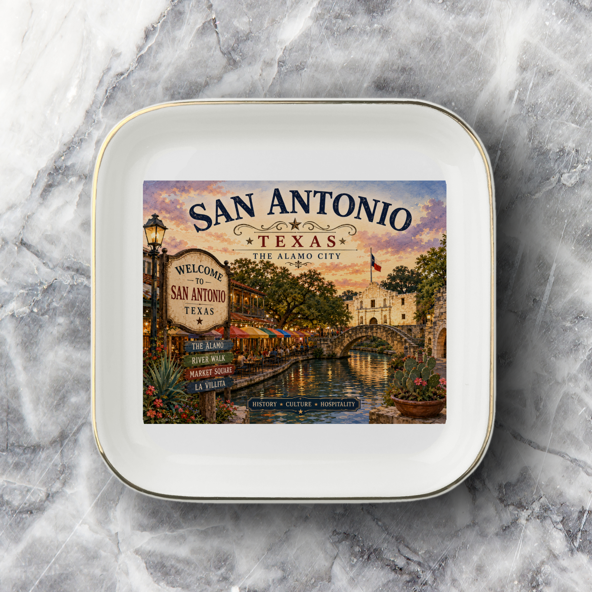San Antonio Texas Jewelry Dish, Alamo City River Walk Keepsake, Gold Trim Ceramic Travel Souvenir, Texas Gift for San Antonio Lovers