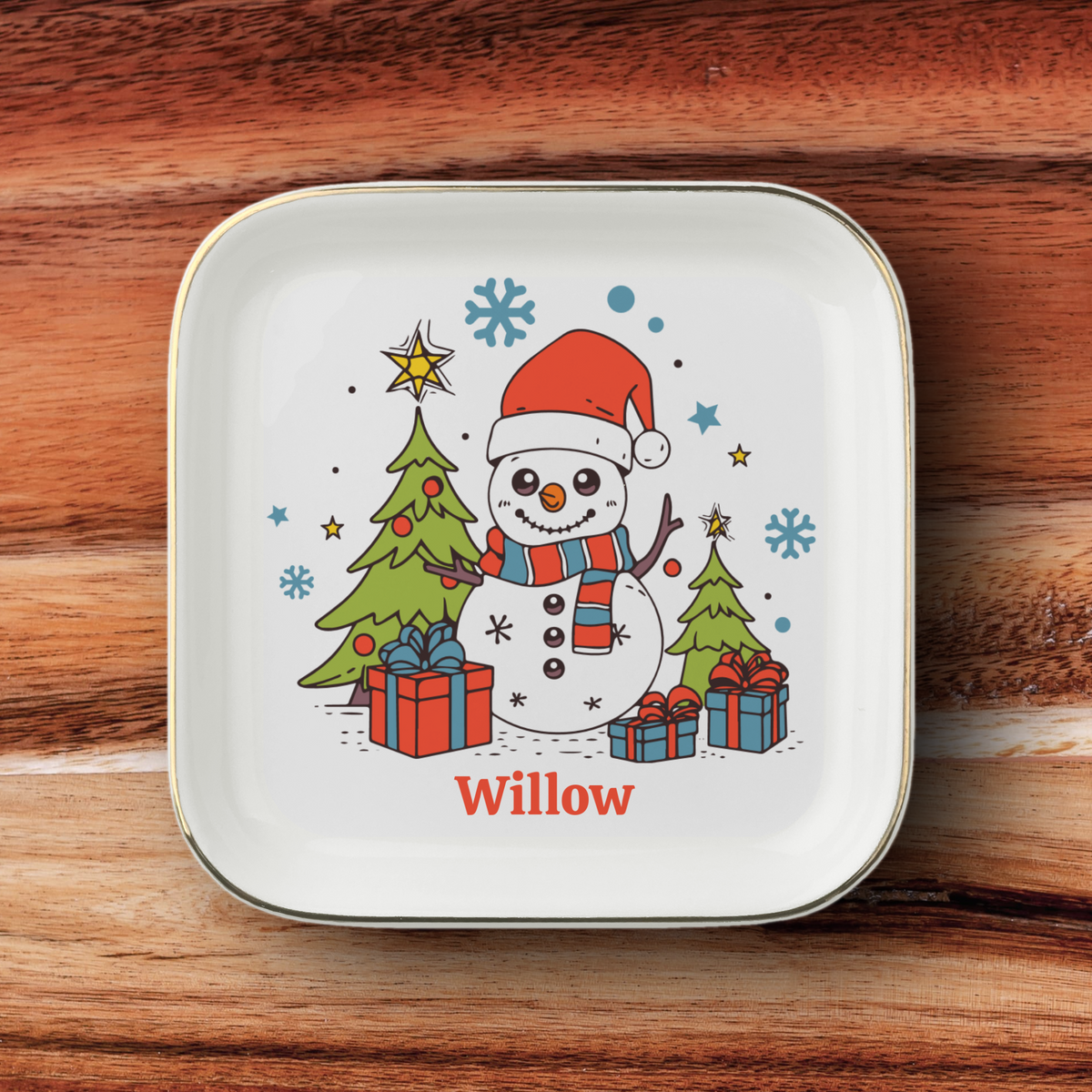 Personalized Christmas Jewelry Dish, Snowman Ring Holder, Winter Tree Trinket Tray, Holiday Gift Ceramic Dish