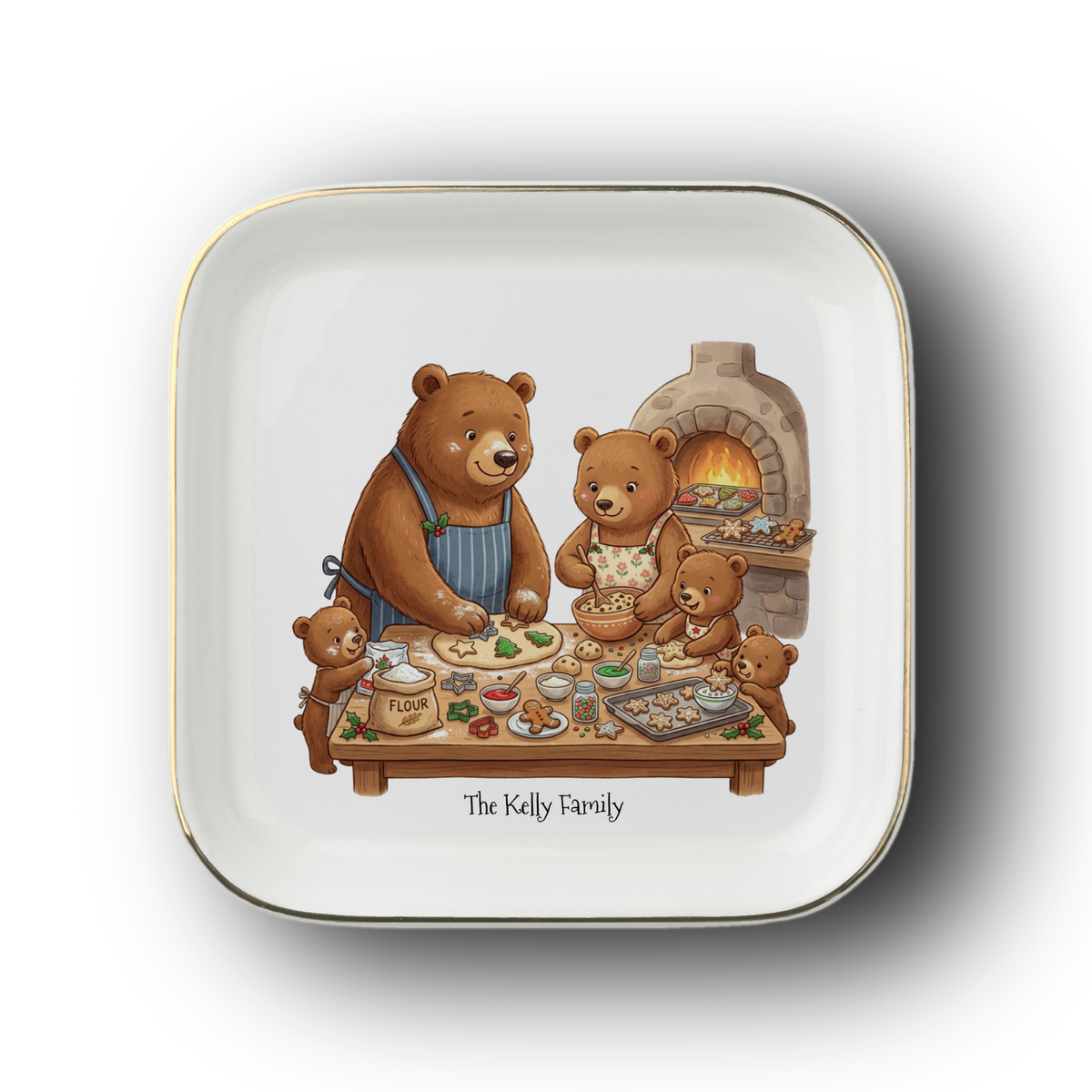Personalized Bear Family Jewelry Dish, Christmas Cookies Trinket Tray, Ceramic Ring Holder, Kitchen Ring Holder