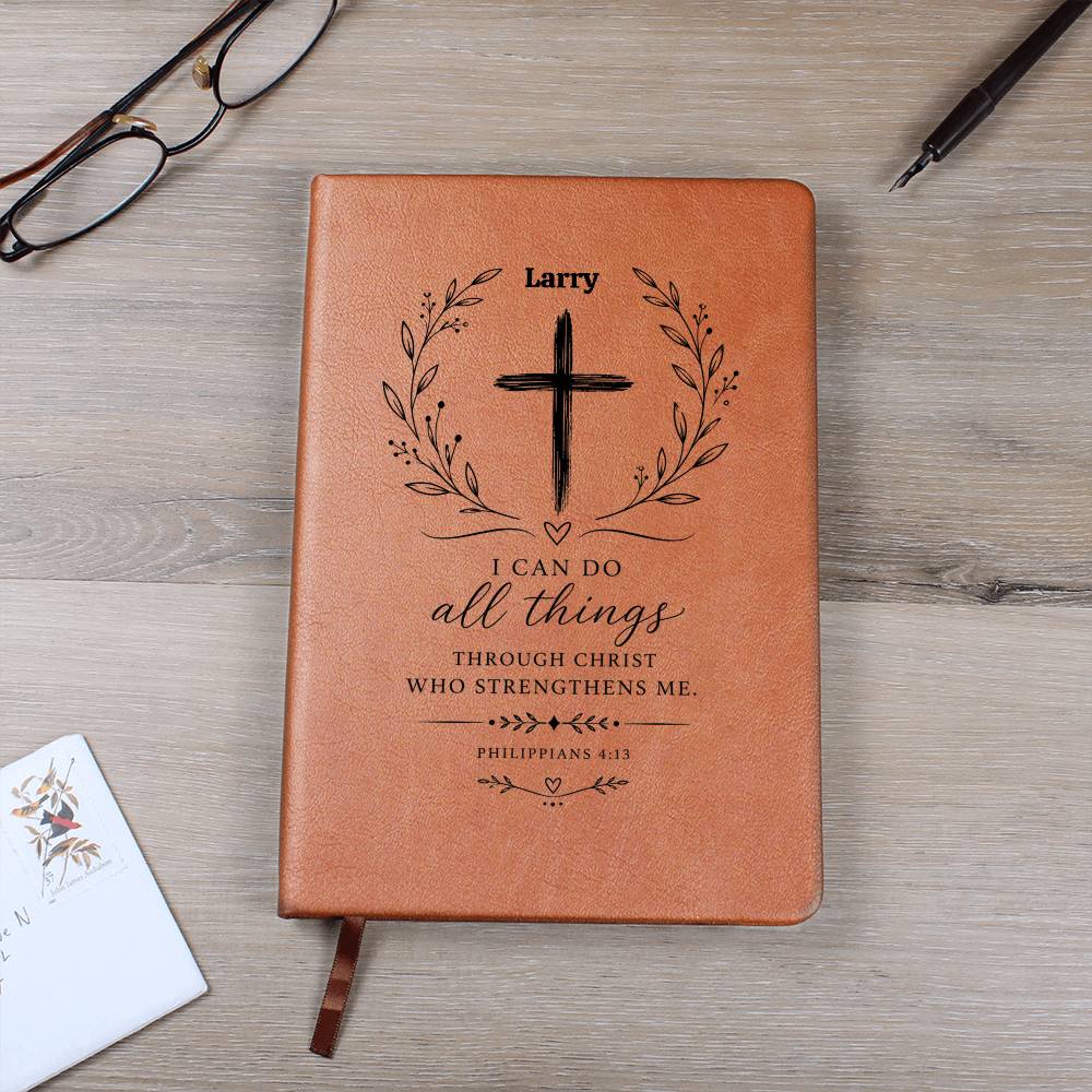 Personalized Inspirational Vegan Leather Journal, Philippians 4:13 Gift, Christian Faith Notebook, Religious Gift for Him Her, Gift Wrap Optional