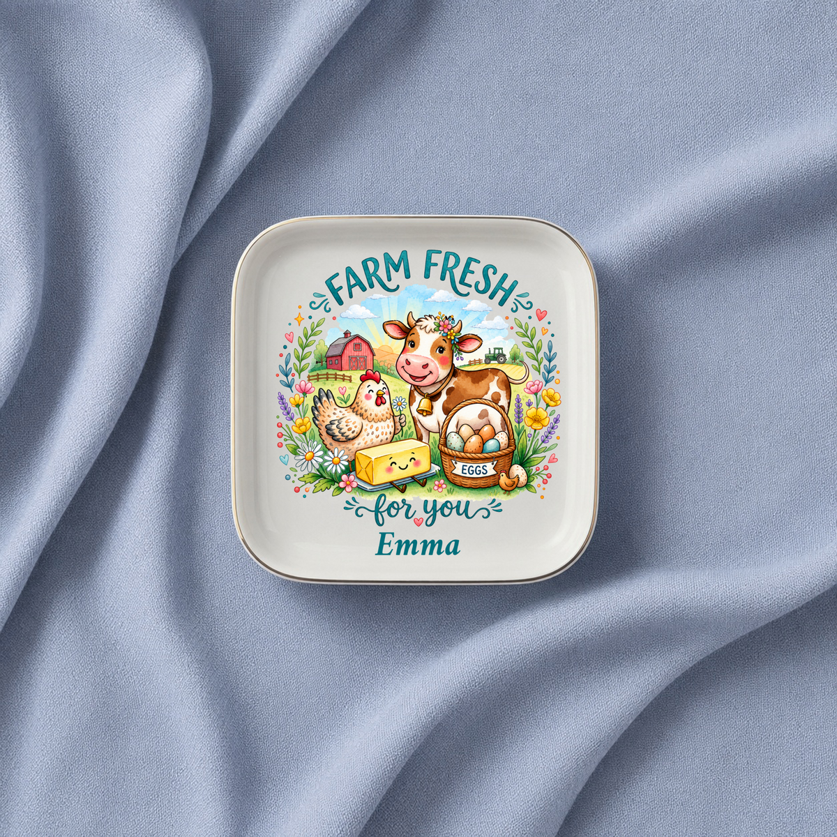 Farm Fresh Jewelry Dish, Personalized Farmhouse Trinket Tray, Cow and Chicken Keepsake Gift, Country Decor, Ceramic Ring Dish