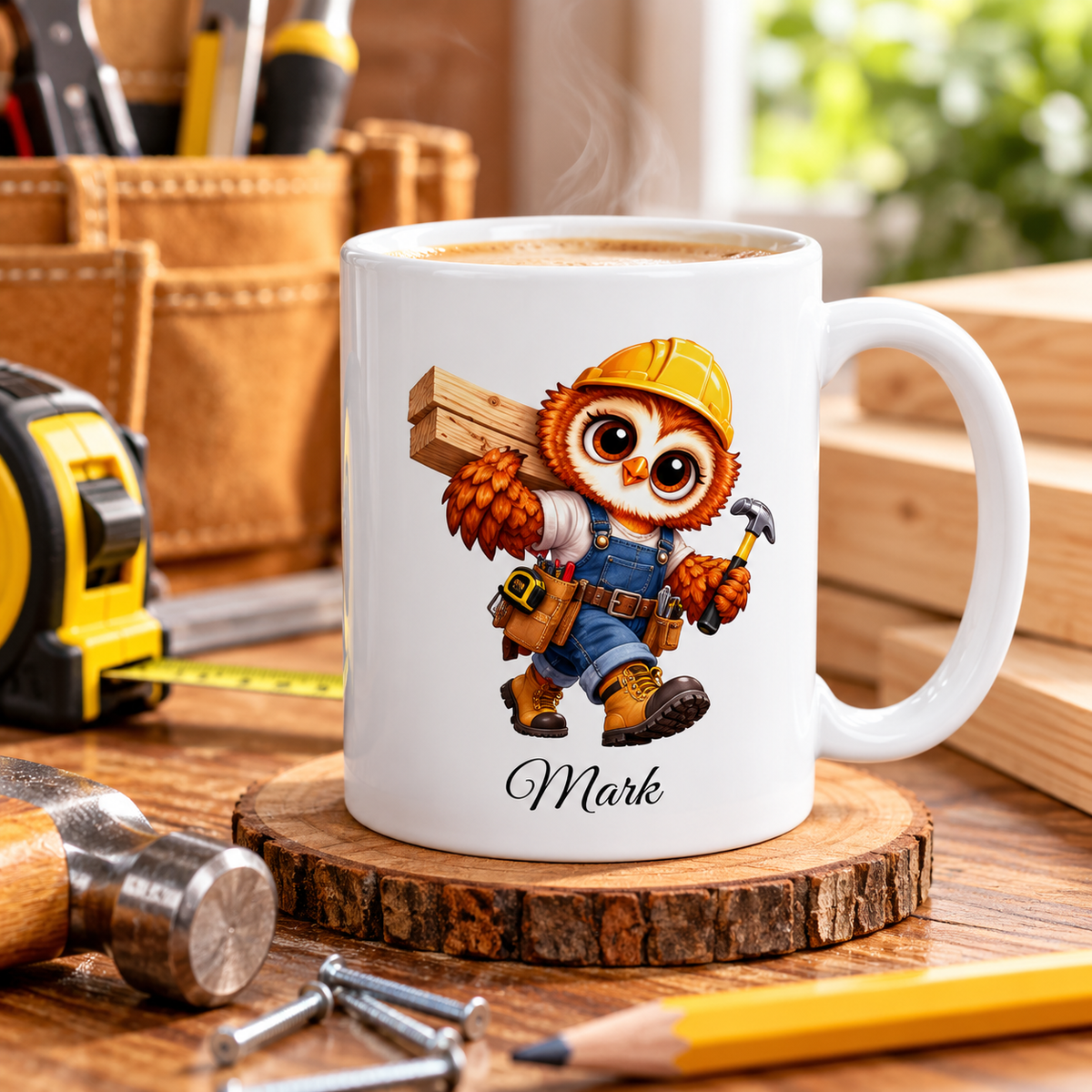 Personalized Carpenter Owl Coffee Mug, Woodworker Gift, Construction Worker Mug, Handyman Gift, Owl Lover Gift,  11 oz and 15 oz