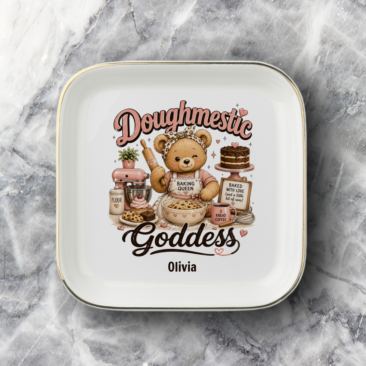 Baking Queen Kitchen Jewelry Dish, Doughmestic Goddess Ring Holder, Personalized Kitchen Decor, Baker Gift, Ceramic Trinket Tray
