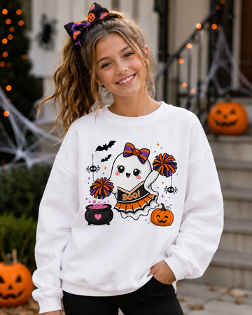 Cute Halloween Cheerleader Ghost Sweatshirt, Spooky Cheer Girl Crewneck, Cheer Mom Halloween Shirt, Cheer or Treat Sweater, Fall Cheer Gift