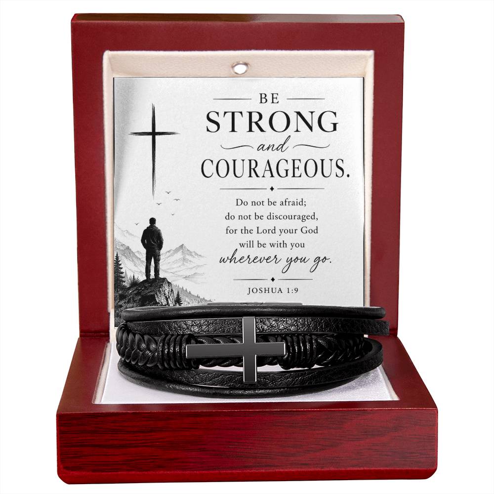Men's Cross Leather Bracelet, Christian Gift for Him, Joshua 1:9 Courage Bracelet, Faith Gift for Husband, Boyfriend, Dad or Friend