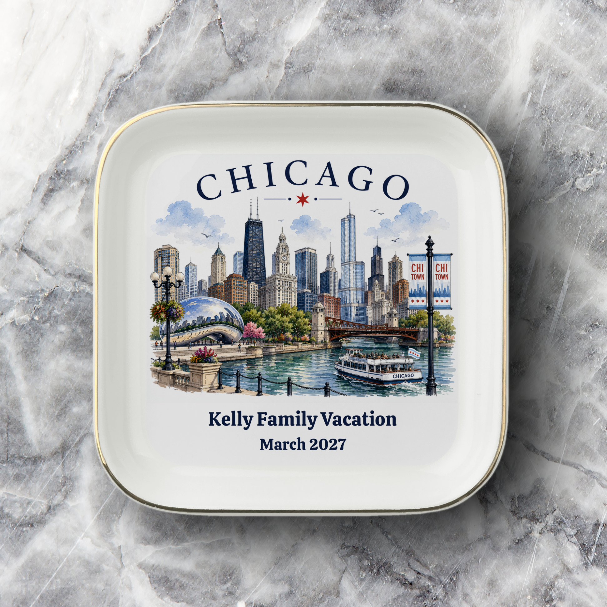 Personalized Chicago Skyline Jewelry Dish, Chicago Keepsake Tray, Chicago River Scene, Catchall Dish, Travel Gift