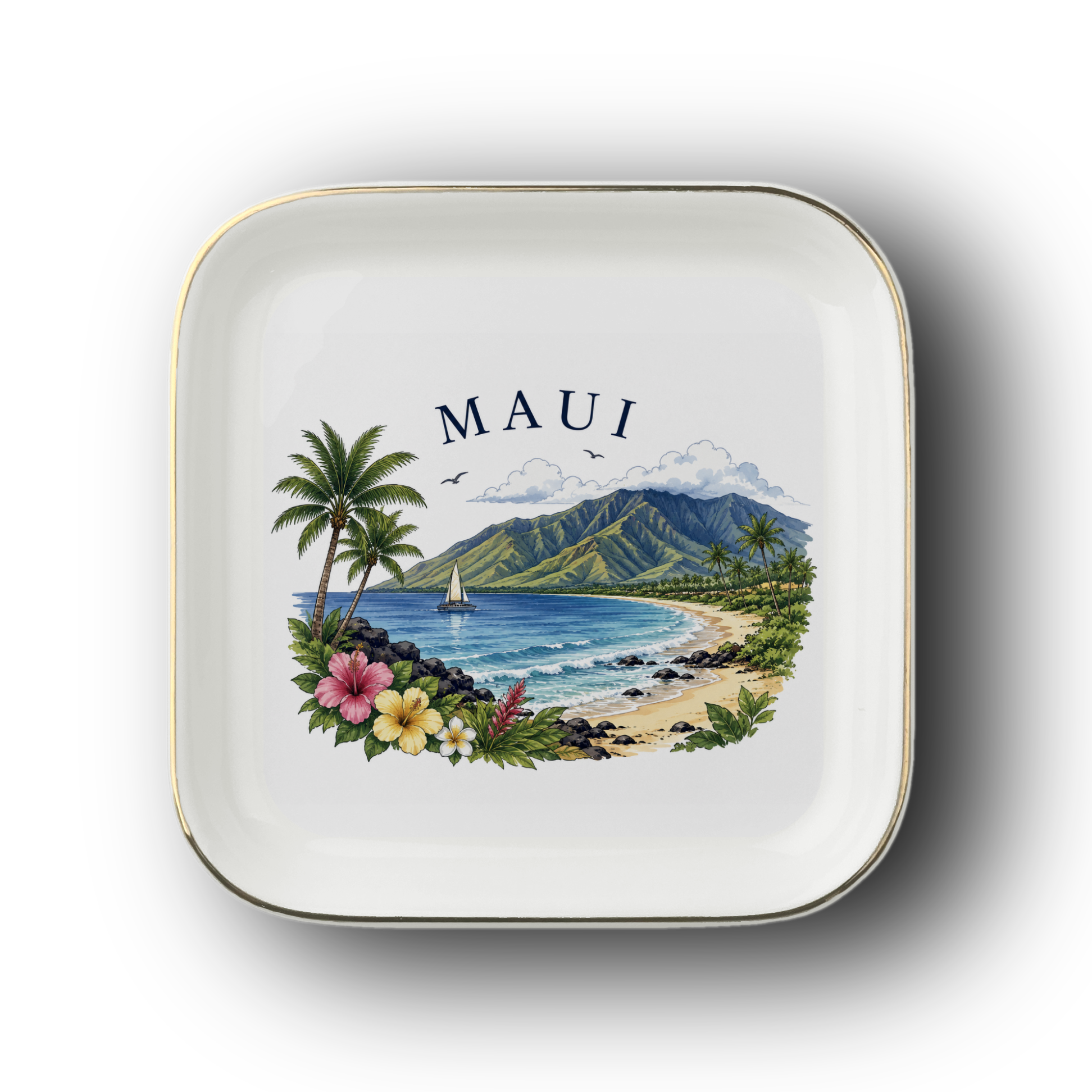 Maui Jewelry Dish, Hawaiian Island Trinket Tray, Sourvenir Ring Holder, Travel Gift, Gold Trim Ceramic Catchall